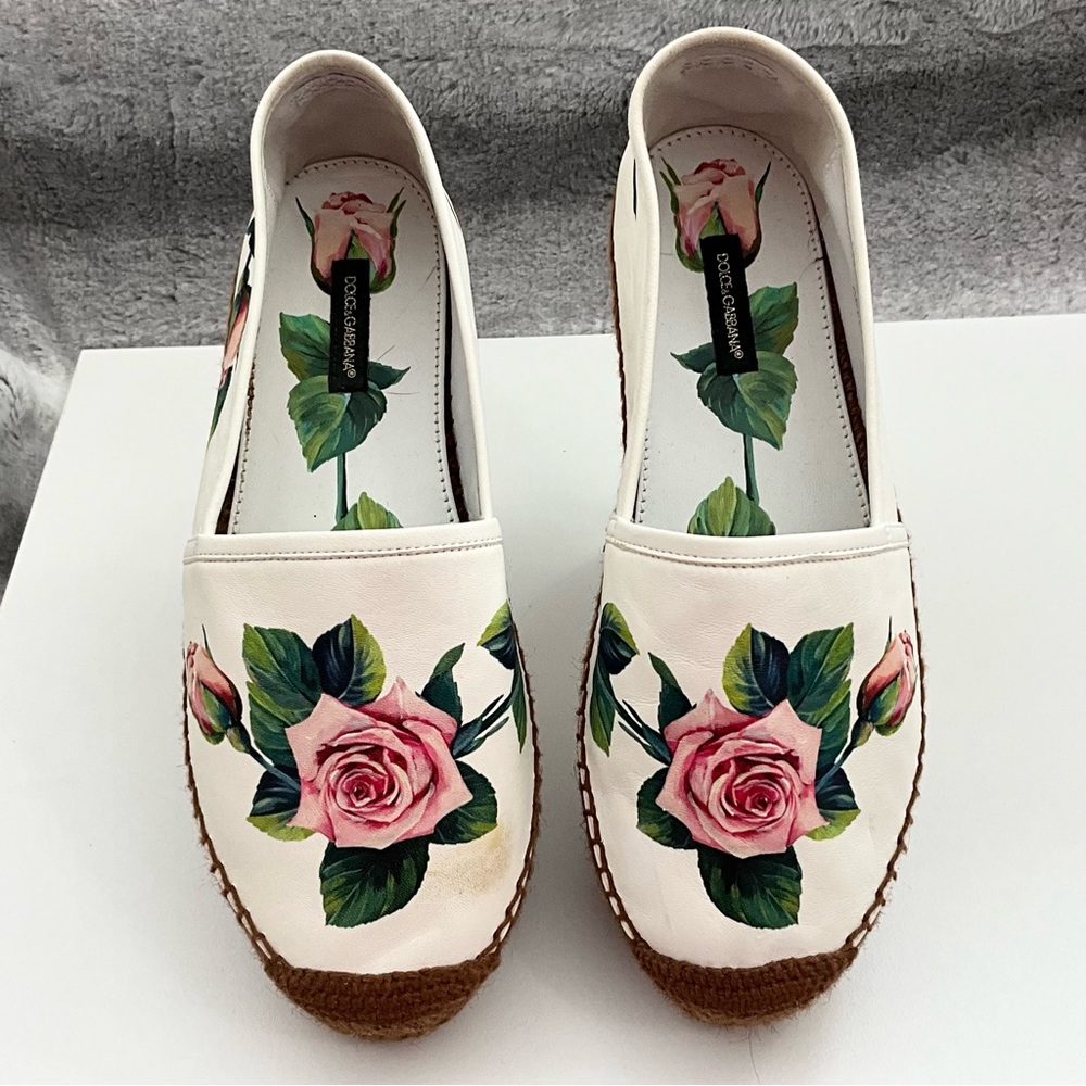 AUTH! NEW! Dolce & Gabbana Flat Rose Flower Printed Espadrilles Shoe 38 8 D&G